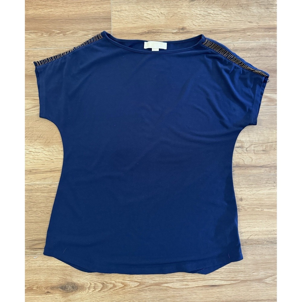 Michael Kors Women's Navy Blue Top Blouse Bead Detail On Sleeve Size Small